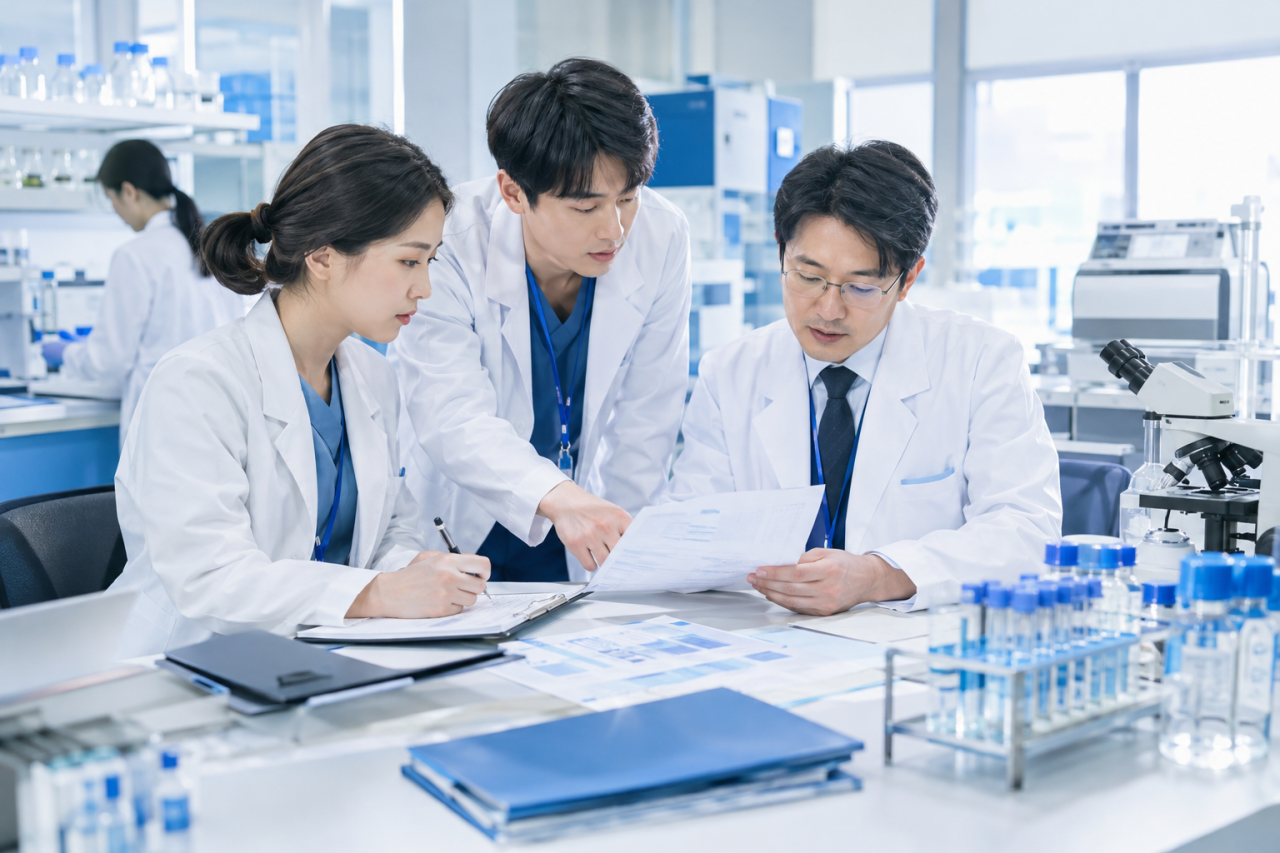 clinical researchers reviewing data in hospital research lab