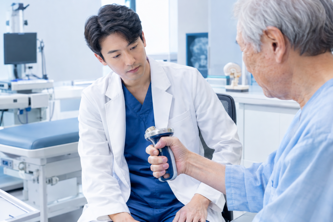 neurologist observing elderly patient hand grip in clinic