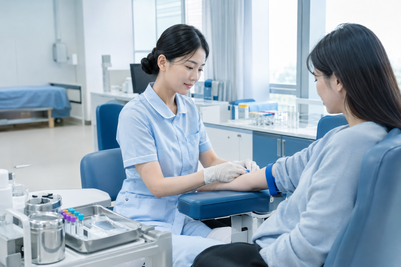 health screening center examination room with nurse and patient