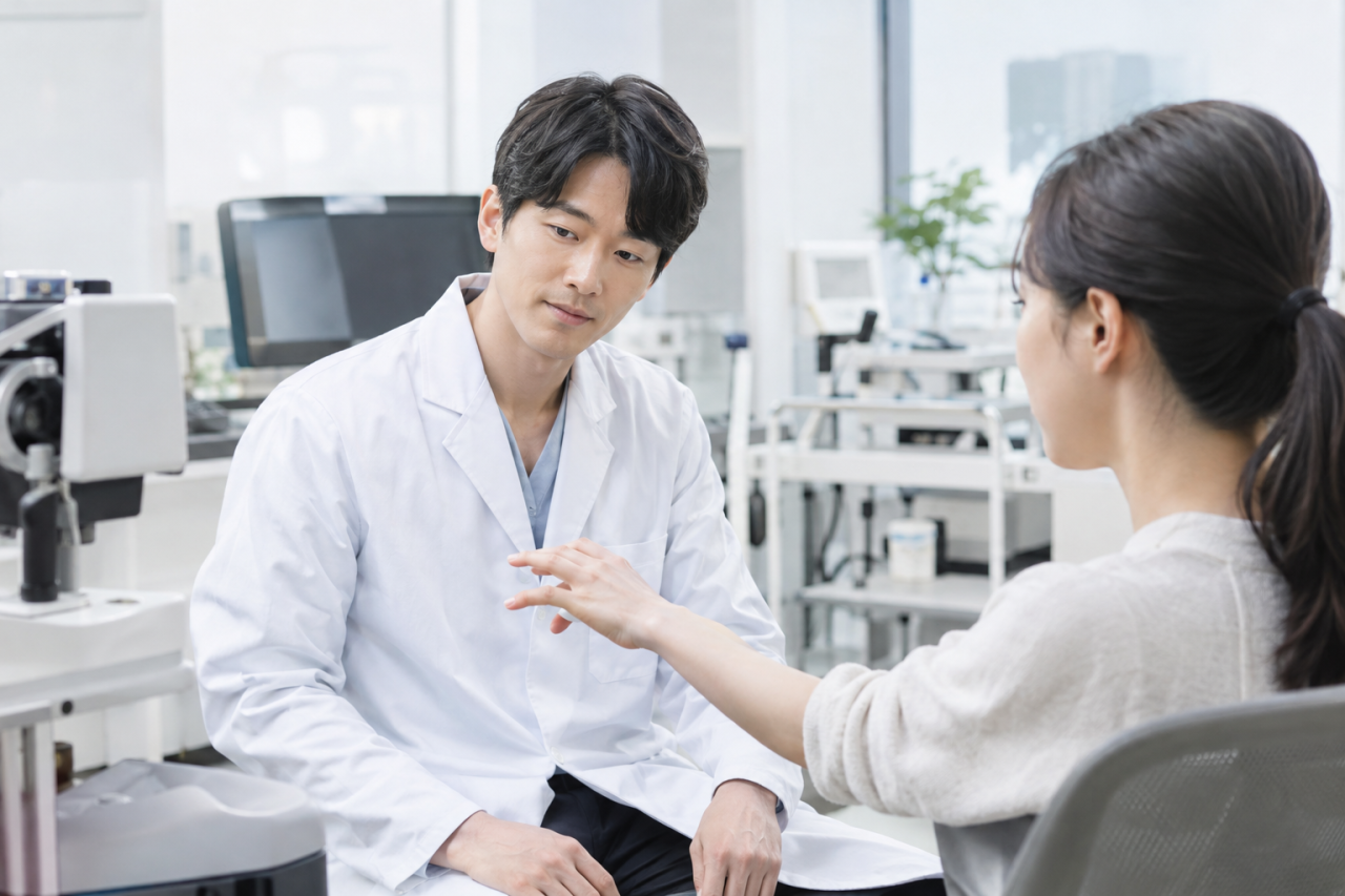 medical researcher observing patient hand movement in laboratory