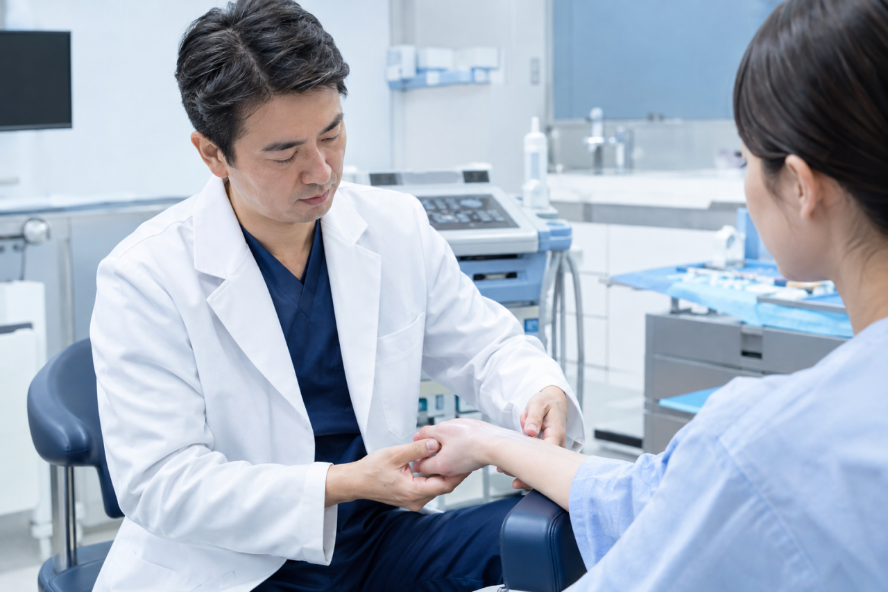 orthopedic hand surgeon examining patient wrist after surgery