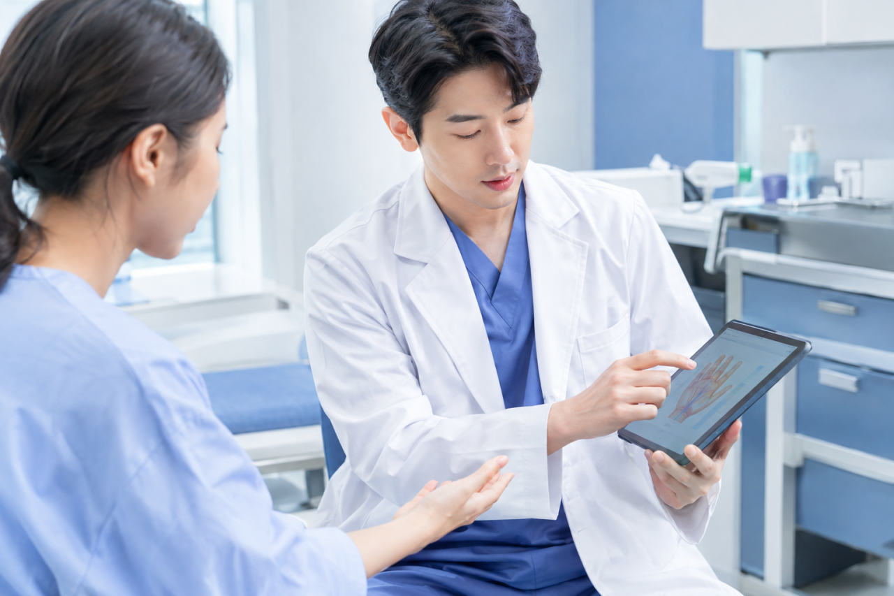 의사가 태블릿으로 손 기능 분석 결과를 보여 주며 환자와 상담하는 모습